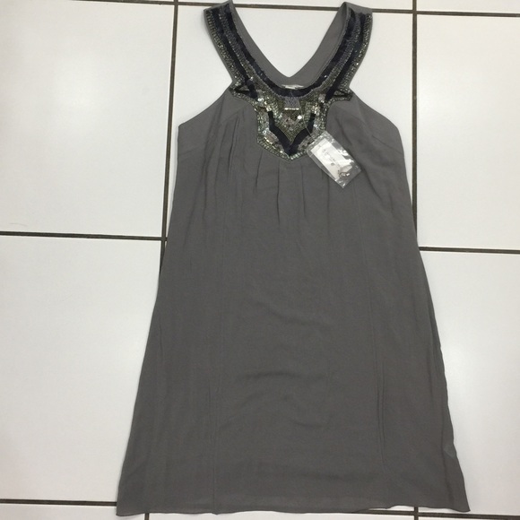 NWT Banana Republic Gray Embellished Silk Dress - Picture 5 of 6